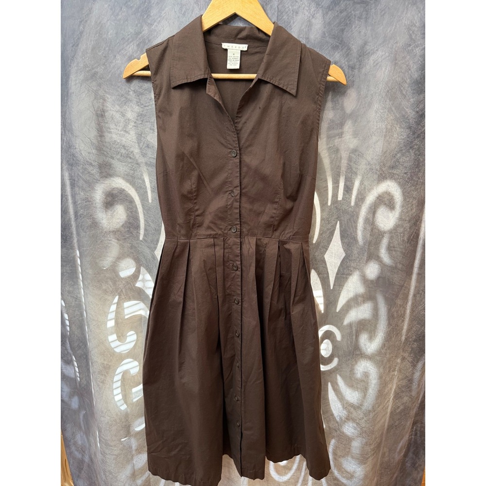 Tweeds Brown Sleeveless Button Front Pleated Cotton Blend Shirt Dress Size 6